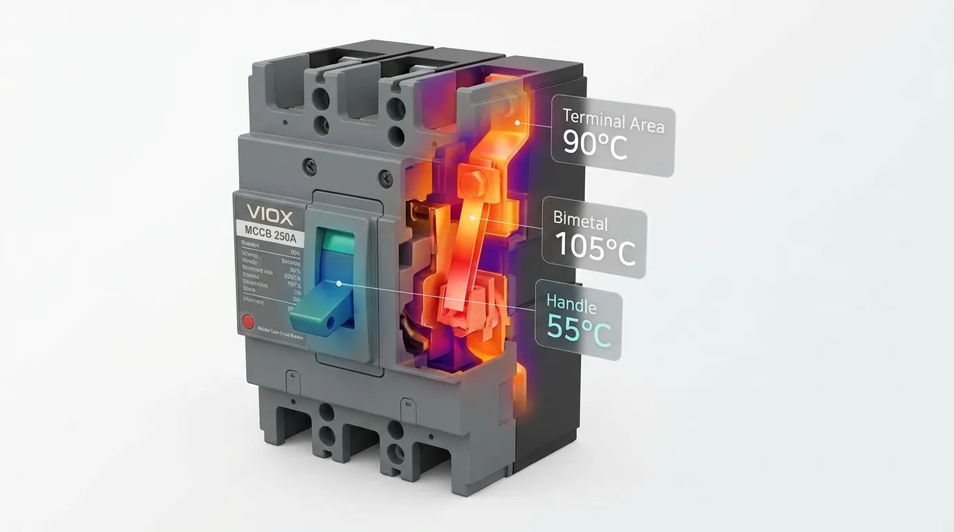 UL 489に基づく重要な温度測定ポイントを示すVIOX MCCBの内部熱分布