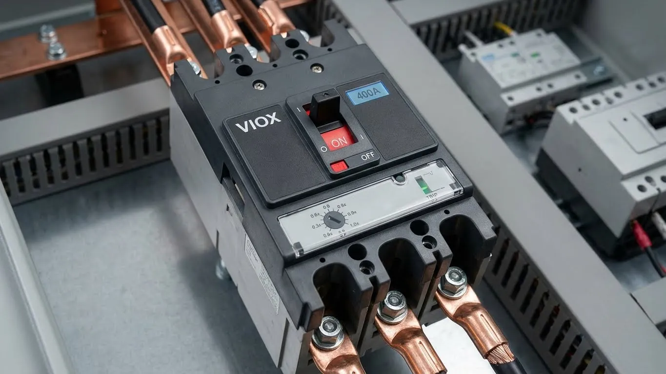 Gros plan photoréaliste du produit : Prise de vue macro/gros plan d'un MCCB VIOX installé dans un panneau de commande industriel. Montrez le disjoncteur à partir d'un angle de 45 degrés avec le nom de la marque VIOX clairement visible sur l'appareil. Incluez des détails tels que : cadran de déclenchement réglable avec marquages d'ampérage, poignée de l'interrupteur ON/OFF (en position ON), bornes de connexion avec cosses serrées, fenêtre d'indicateur de déclenchement et affichage électronique le cas échéant. L'arrière-plan doit être légèrement flou montrant d'autres composants électriques et des barres omnibus en cuivre. Éclairage : photographie de produit professionnelle avec des ombres douces, mettant en évidence les surfaces métalliques et plastiques. L'image doit véhiculer une qualité supérieure et une robustesse industrielle. Incluez le logo VIOX subtilement filigrané dans le coin. Résolution : Haute résolution pour l'affichage Web, 2000x1500px minimum.