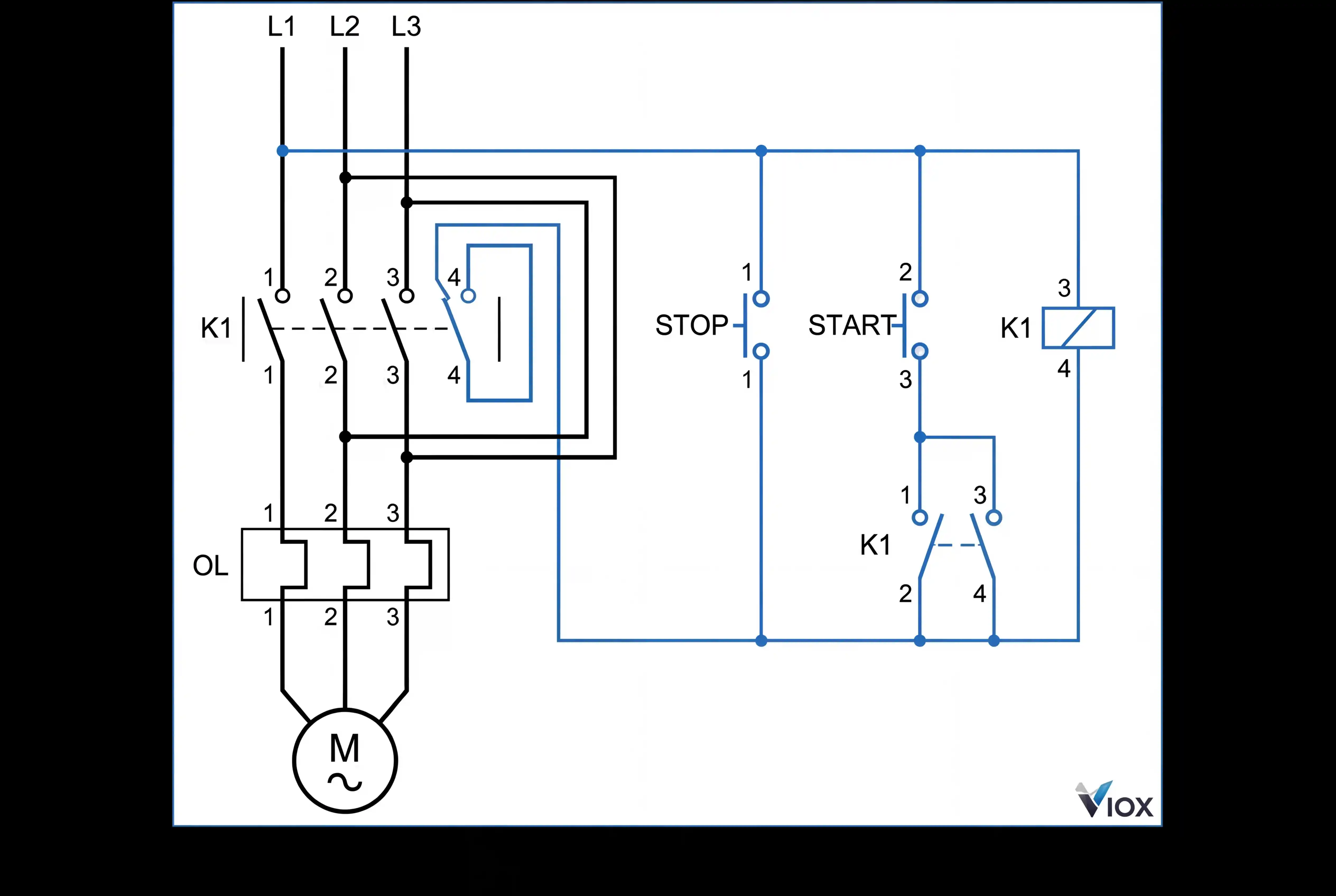 A VIOX Electric motorindító elektromos kapcsolási rajza, amely integrált kontaktort, termikus túlterhelésrelét, vezérlőtranszformátort és háromfázisú motor csatlakozási rajzot mutat