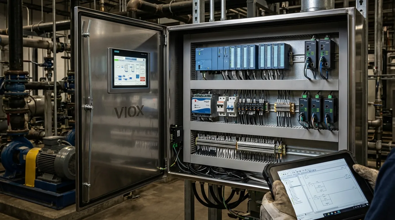 モジュール式I/Oシステム、HMIタッチスクリーン、およびプロセスオートメーション用の産業用ネットワークコンポーネントを備えたVIOX PLC制御盤