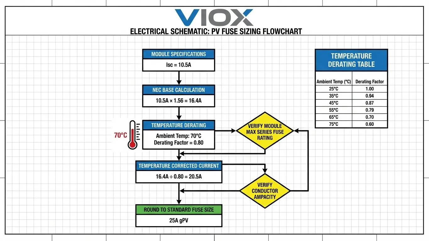 VIOX PV ဖျူးစ် အရွယ်အစား ဇယားသည် NEC လိုအပ်ချက်များအရ အပူချိန်လျှော့ချသည့် အချက်အလက် အသုံးချခြင်းအပါအဝင် အဆင့်ဆင့် တွက်ချက်မှုကို ပြသထားသည်