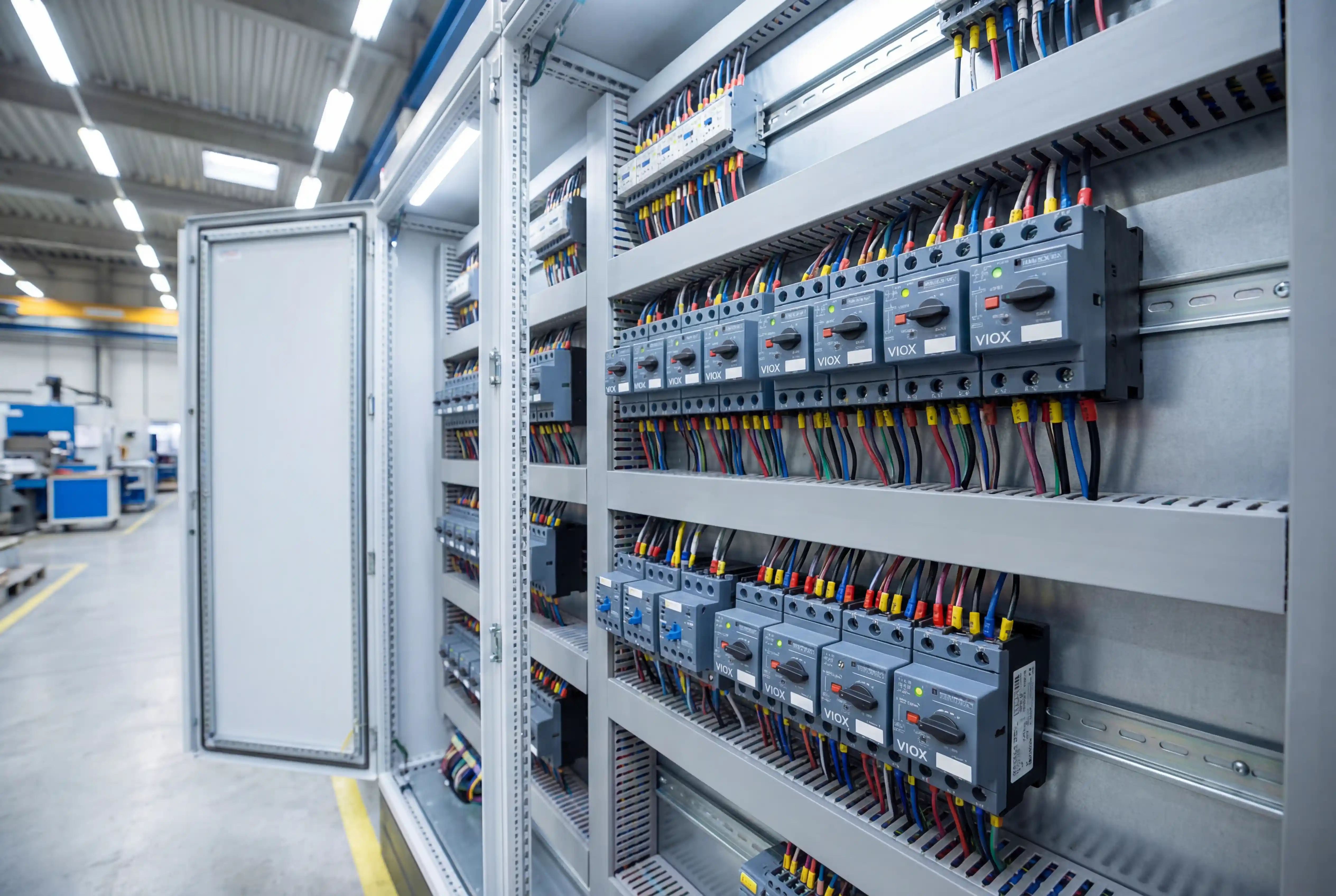 A VIOX Electric ipari motorindító és kontaktor telepítése professzionális minőségű elektromos vezérlőberendezéseket mutat be egy modern gyártóüzemben