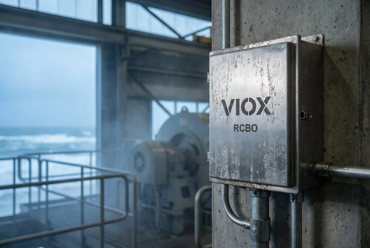 صندوق توصيل VIOX RCBO من الفولاذ المقاوم للصدأ مثبت في منشأة صناعية ساحلية