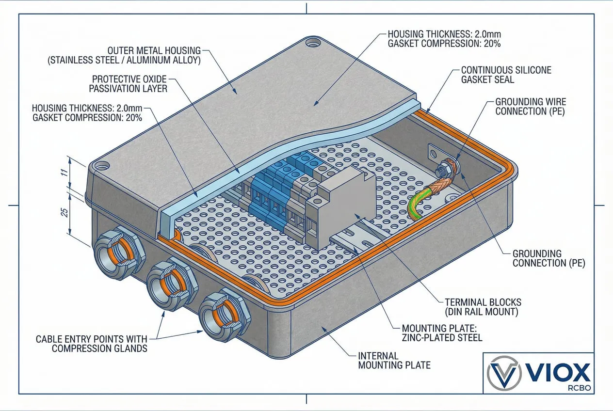 مخطط VIOX RCBO الفني المقطعي لبناء صندوق التوصيل ونظام الختم