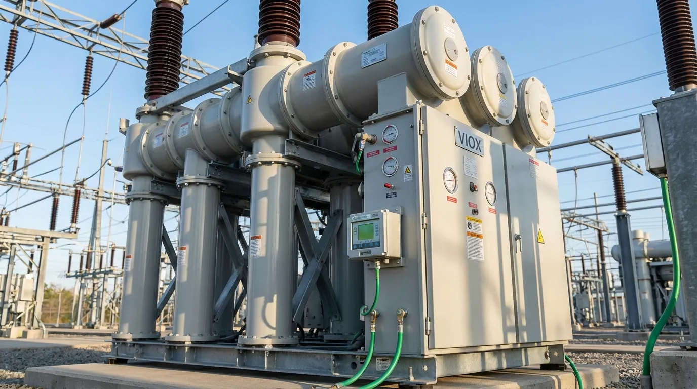 가스 충전 인터럽터 챔버 및 압력 모니터링 장비를 보여주는 전기 변전소의 VIOX SF6 고전압 회로 차단기 설치