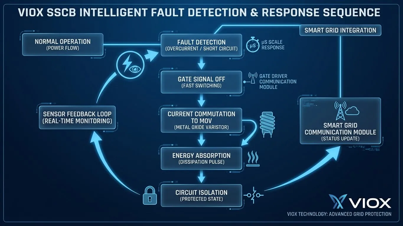 Organigramme de la séquence de détection de défaut et d'interruption du SSCB VIOX avec des temps de réponse en microsecondes