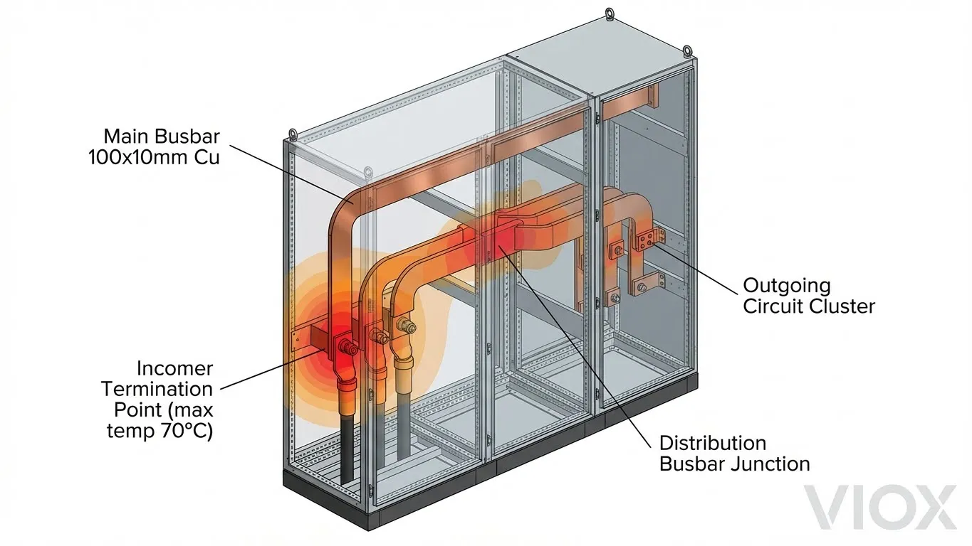 Diagrama técnico en sección de aparamenta que muestra los puntos calientes térmicos