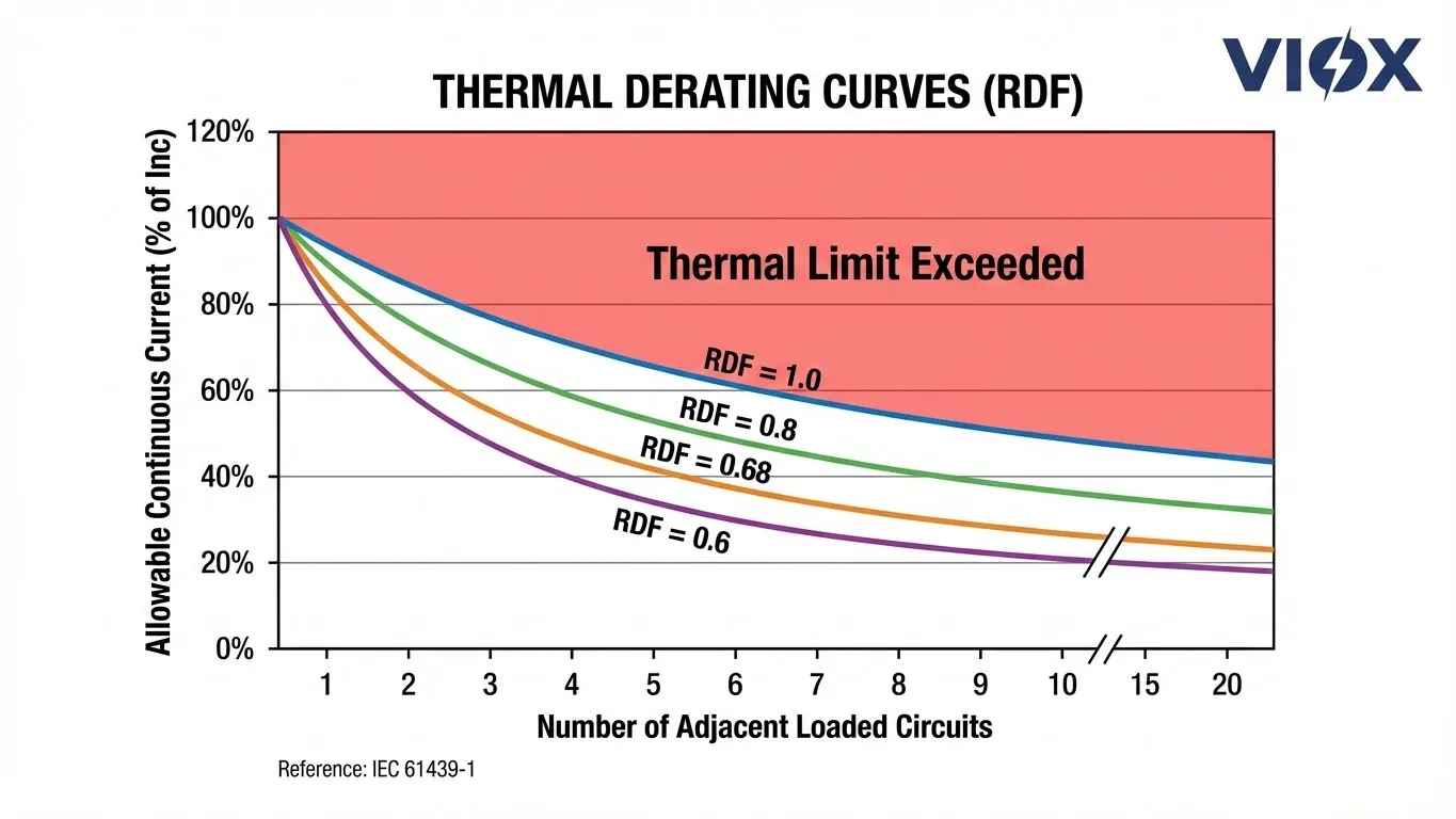 Diagrama técnico gráfico de reducción de potencia térmica que muestra las curvas RDF
