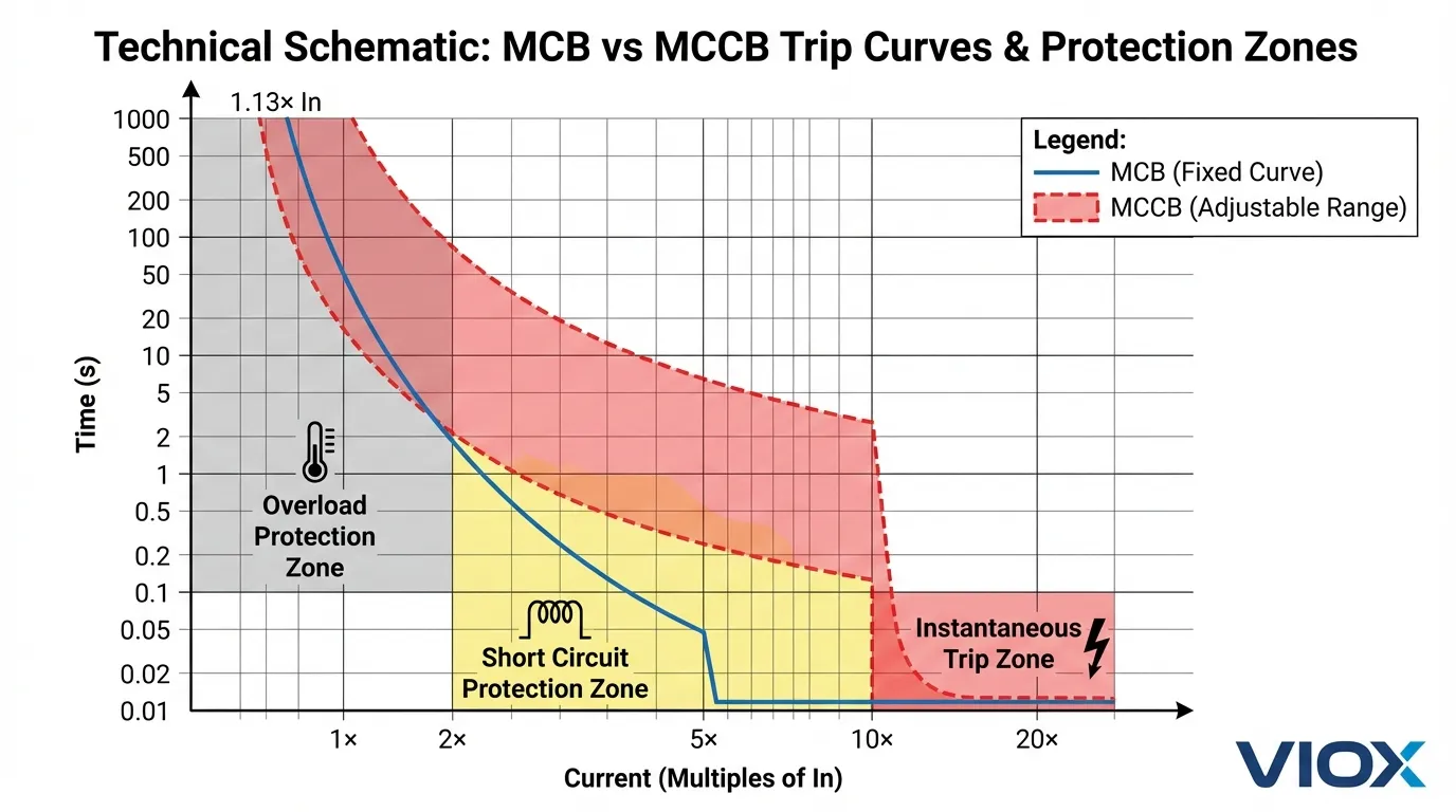 VIOX 시간 전류 특성 곡선 그래프는 MCB 및 MCCB의 과부하, 단락 회로 및 순간 트립 보호 영역을 보여줍니다.