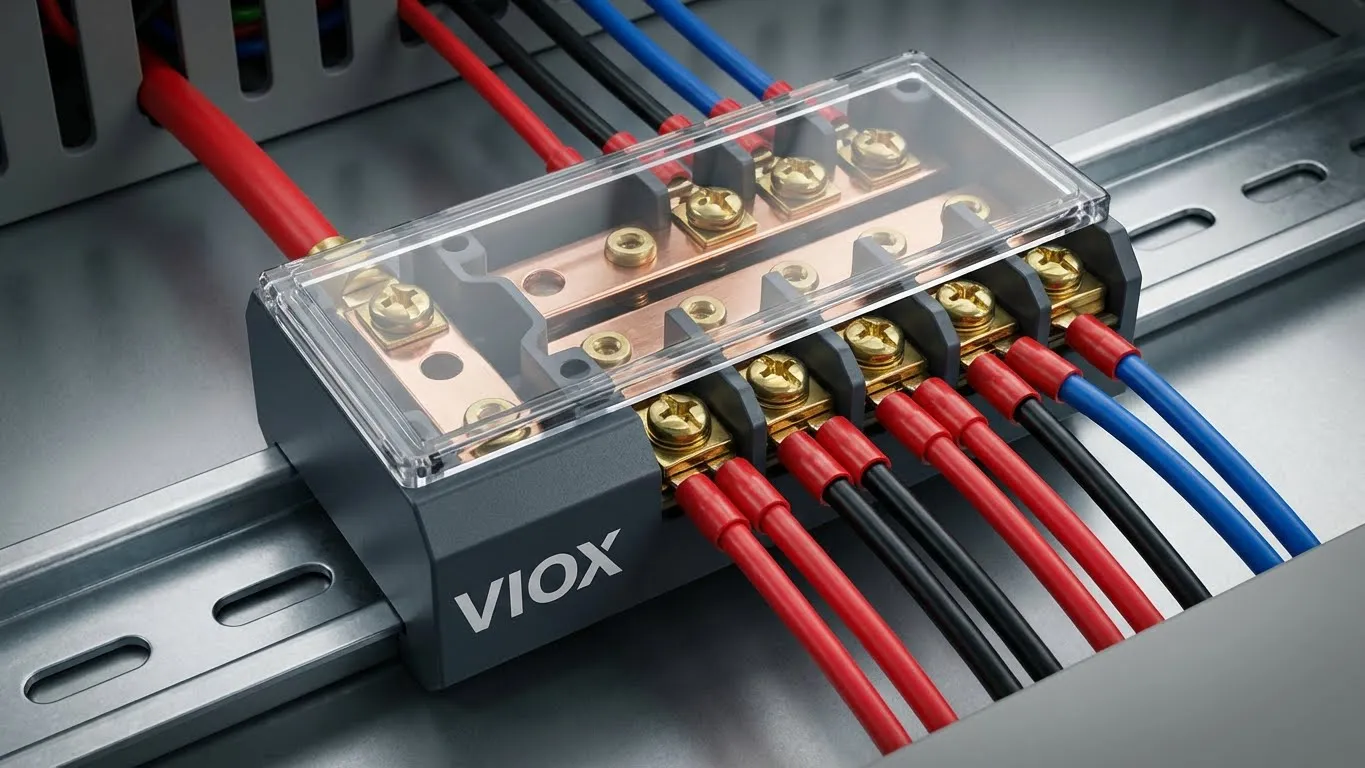 ប្លុកស្ថានីយចែកចាយថាមពល VIOX UKK បង្ហាញពីការកំណត់រចនាសម្ព័ន្ធខ្សែ 1-in-6-out