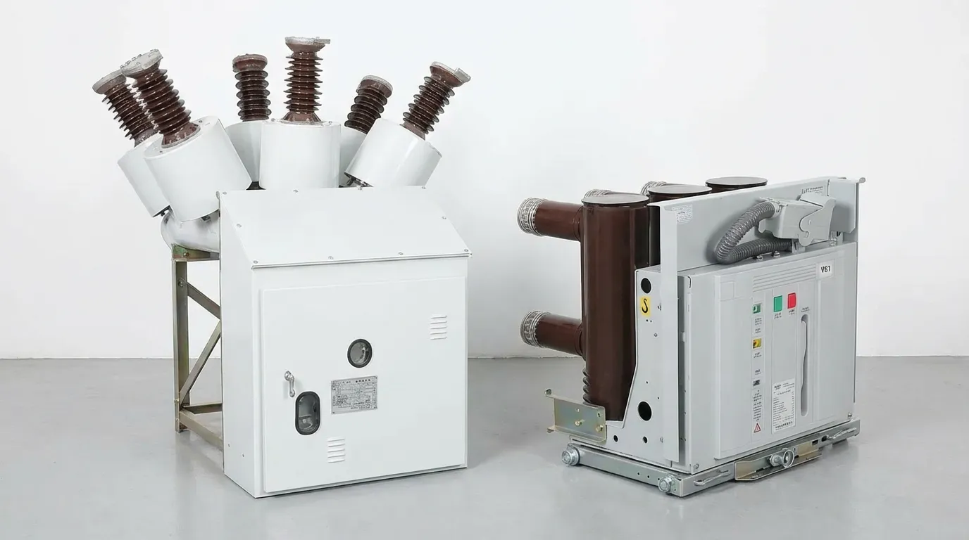 자기 차단 MCCB, 진공 인터럽터 VCB 및 절개도가 있는 SF6 가스 회로 차단기를 보여주는 세 개의 VIOX 회로 차단기