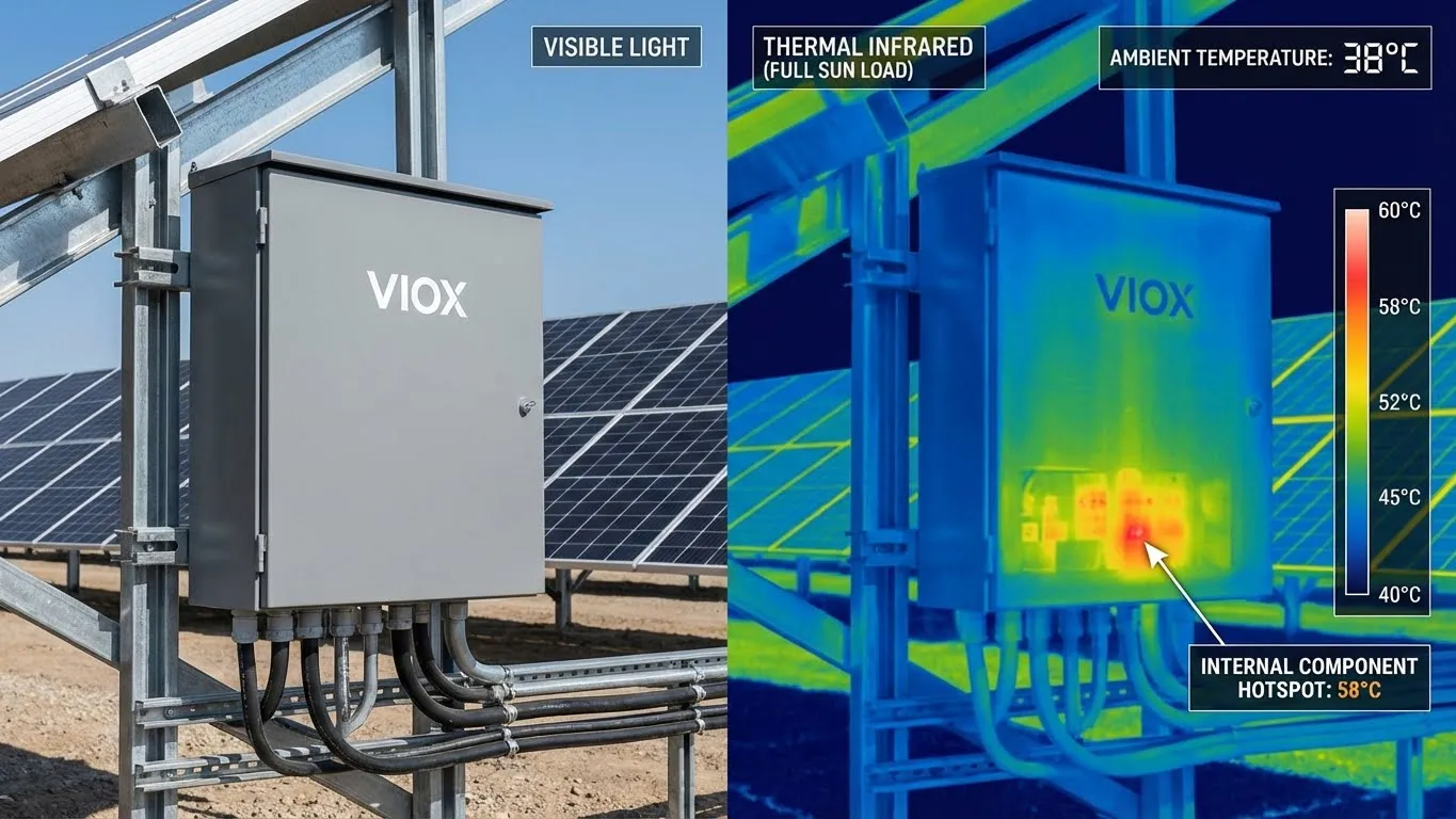 Termografia della scatola di giunzione in alluminio VIOX che mostra le prestazioni di dissipazione del calore sotto carico solare