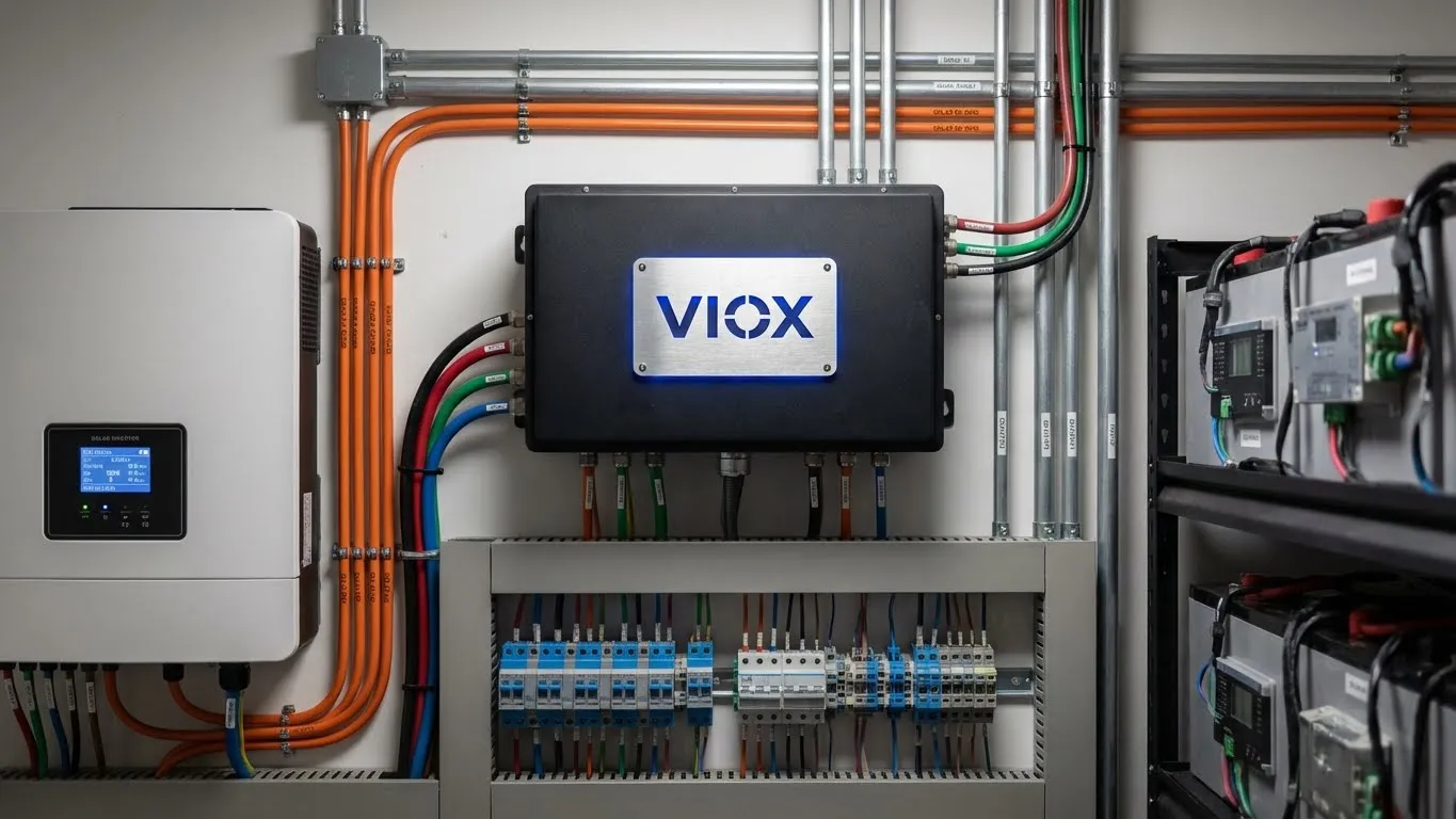 Interruptor de transferencia automática VIOX instalado en un sistema híbrido solar residencial con banco de baterías e inversor, que muestra la coordinación profesional de doble fuente