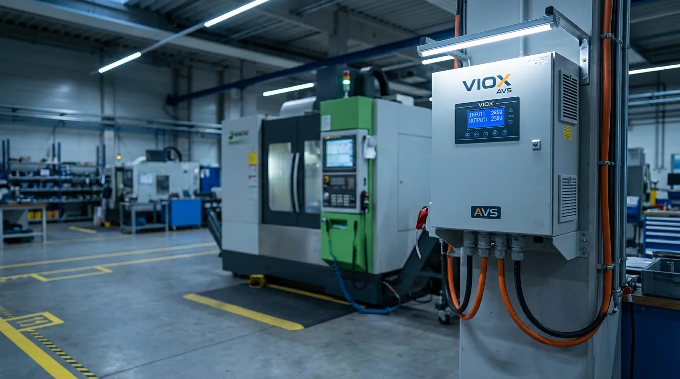 VIOX automatic voltage stabilizer AVS protecting CNC machine in industrial manufacturing facility