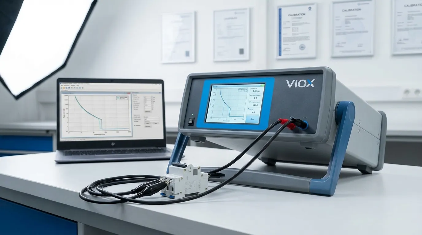تجهیزات تست منحنی قطع کلید مدار VIOX با نمایشگر دیجیتال که تجزیه و تحلیل مشخصه جریان زمان را در محیط آزمایشگاهی حرفهای نشان میدهد