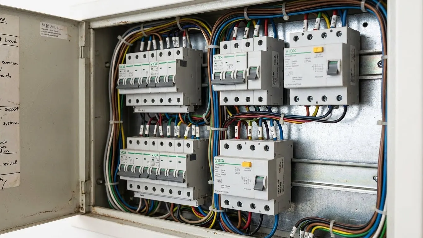 ເຄື່ອງຕັດວົງຈອນ VIOX ທີ່ຕິດຕັ້ງຢູ່ໃນກະດານແຈກຢາຍຂະຫນາດນ້ອຍສະແດງໃຫ້ເຫັນການເພີ່ມປະສິດທິພາບພື້ນທີ່