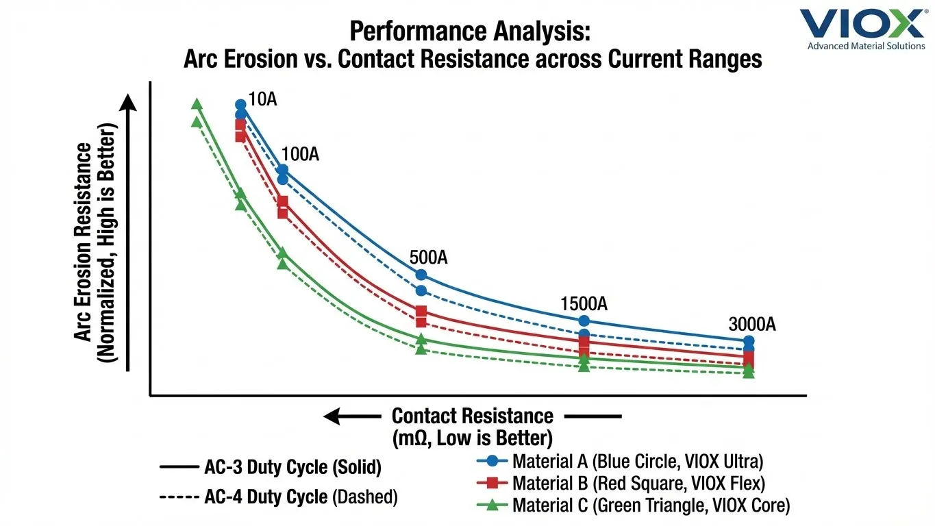 Curvas de rendimiento del material de contacto del contactor VIOX que comparan la erosión por arco y la resistencia de contacto de AgSnO2, AgNi y AgCdO