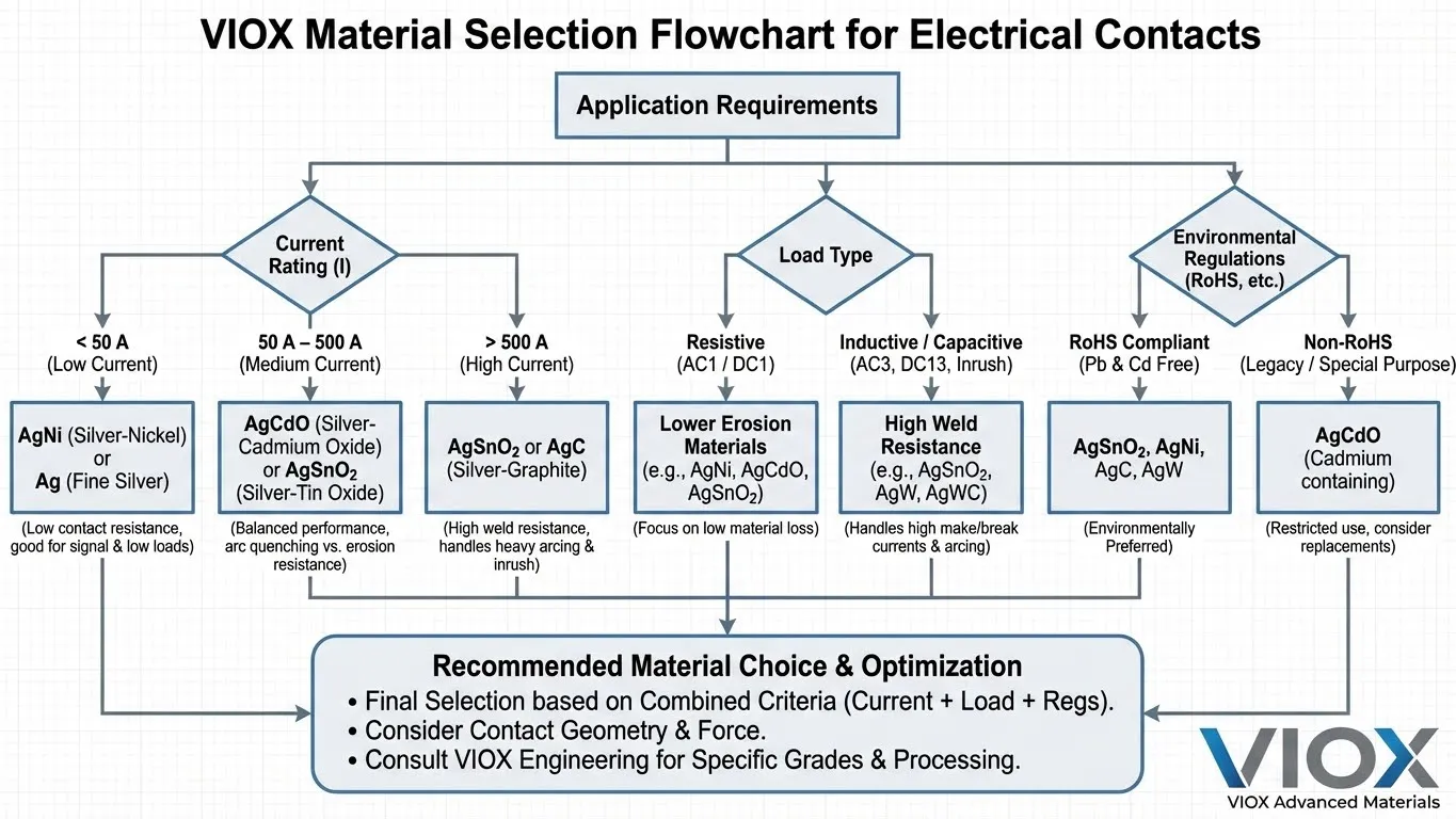 Diagrama de flujo de decisión de selección de material de contacto del contactor VIOX para AgSnO2, AgNi y AgCdO