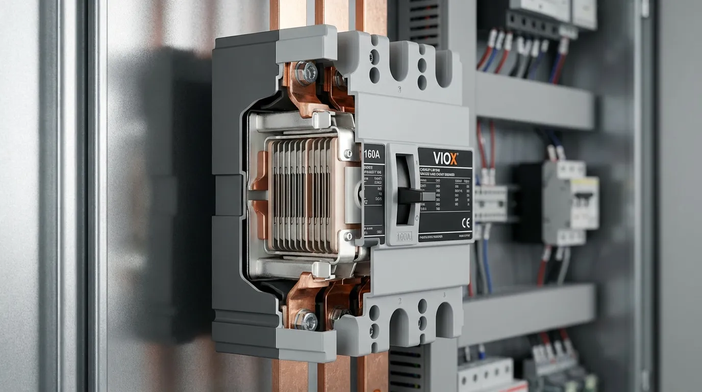 قاطع دائرة VIOX المحدد للتيار مع غرفة إخماد القوس المرئية لتقليل الطاقة الحرارية.
