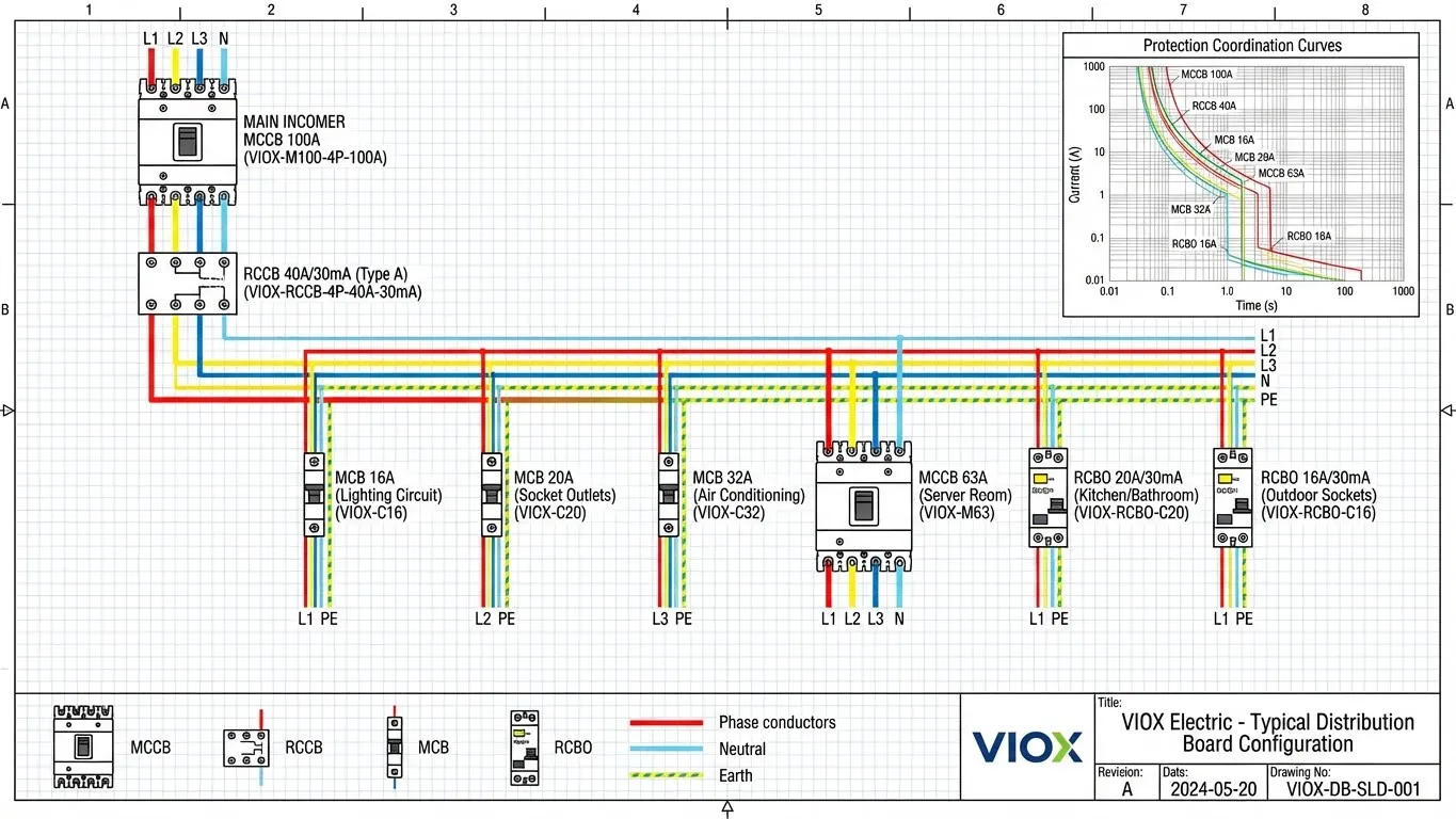 Schéma technique : Schéma électrique montrant un tableau de distribution résidentiel/commercial typique avec des produits VIOX. Affichez le format de schéma unifilaire avec : arrivée principale MCCB (100A), RCCB en aval (40A/30mA) protégeant plusieurs branches MCB (éclairage 16A, prises 20A, AC 32A) et RCBO individuel pour les circuits spéciaux (cuisine, salle de bain). Utilisez les symboles électriques CEI avec un étiquetage clair. Code couleur : lignes d'alimentation en rouge, neutre en bleu, terre en vert-jaune. Incluez les codes de produit et les spécifications VIOX à côté de chaque appareil. Ajoutez des courbes de coordination de la protection sous forme de graphique encarté. Arrière-plan : style de dessin technique professionnel avec cartouche indiquant ' VIOX Electric - Configuration typique du tableau de distribution '. Taille : 1800x1200px, optimisé pour la documentation technique.