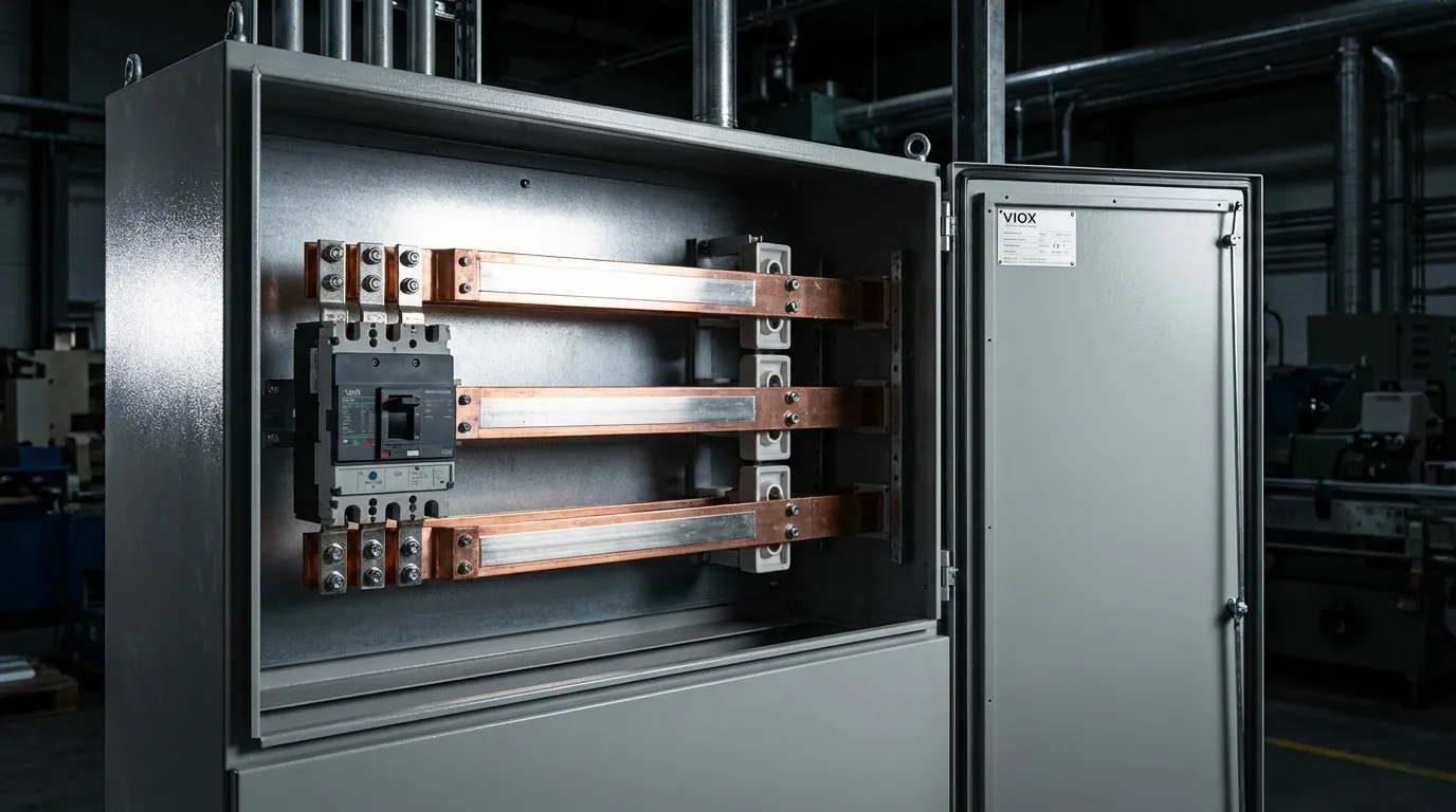 لوحة توزيع كهربائية VIOX تعرض قضبان توصيل نحاسية تتطلب التحقق من الإجهاد الحراري.