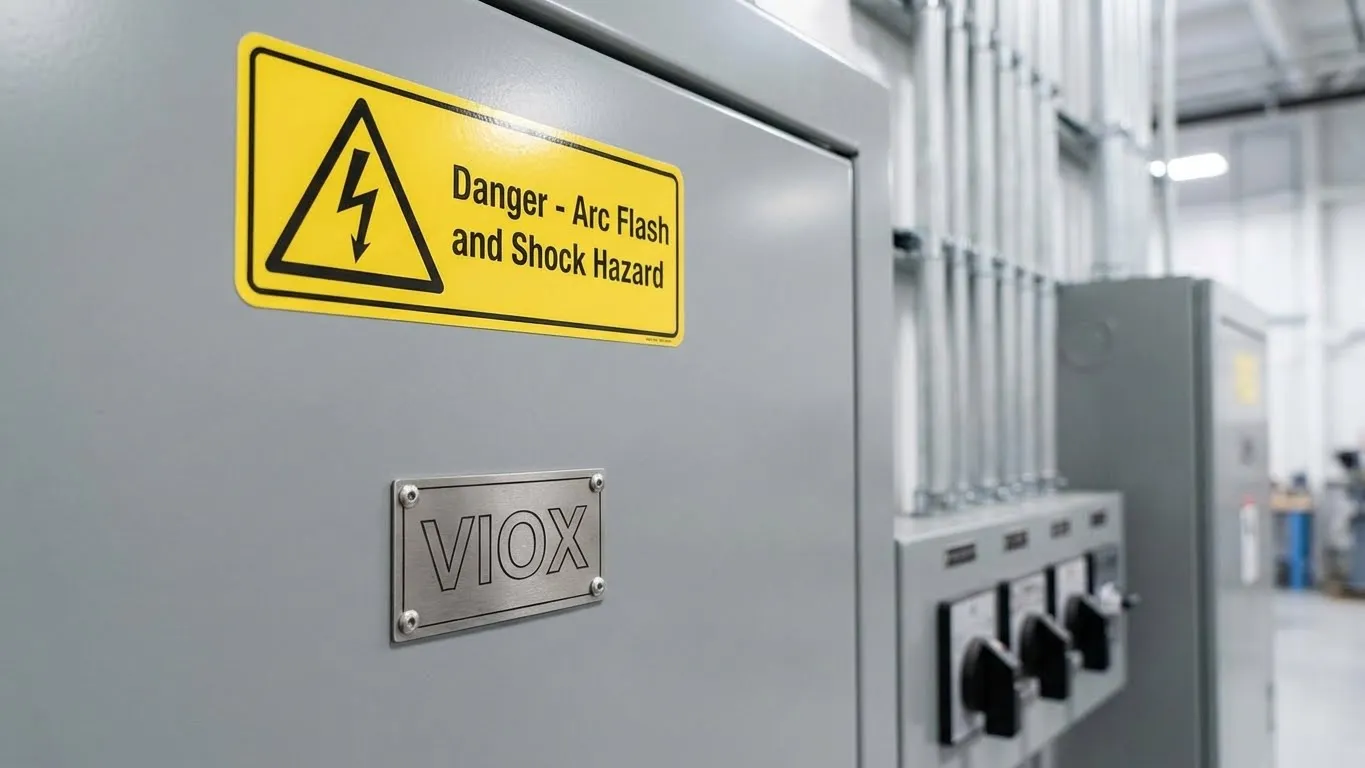 معدات توزيع كهربائية VIOX مع ملصق تحذير عام عن وميض القوس الكهربائي متوافق مع NEC على باب اللوحة