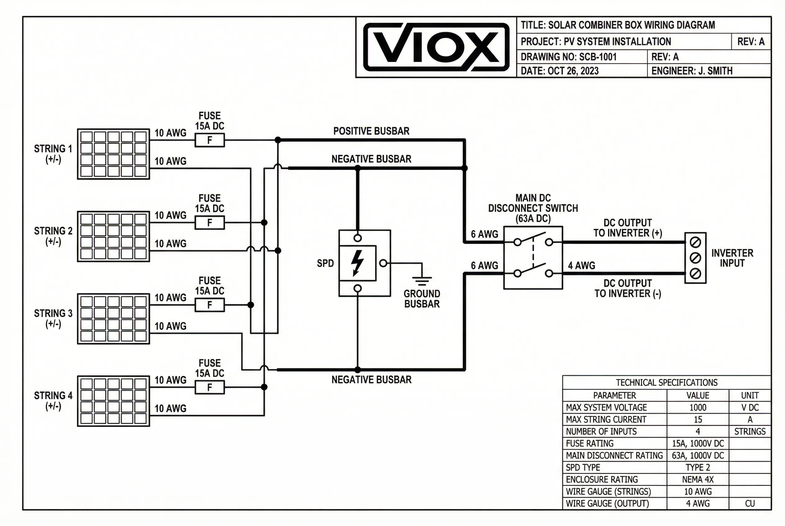 A VIOX napelem kombináló doboz elektromos huzalozási sematikus ábrája, amely bemutatja a string csatlakozásokat, a biztosítékkal védett bemeneteket, a megszakítókat és az inverter kimeneti konfigurációját
