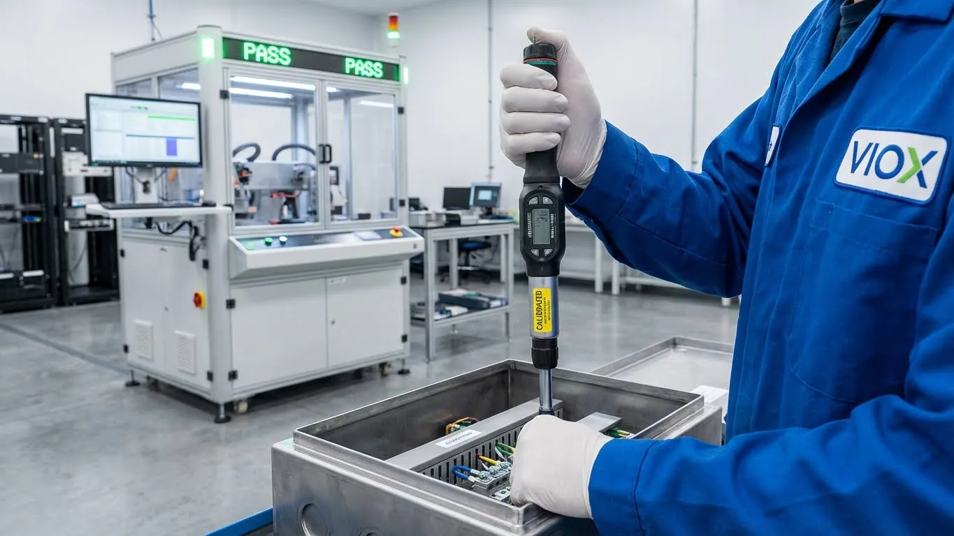 配線済みコンバイナーボックスで精密トルク検証を実行するVIOX工場の技術者