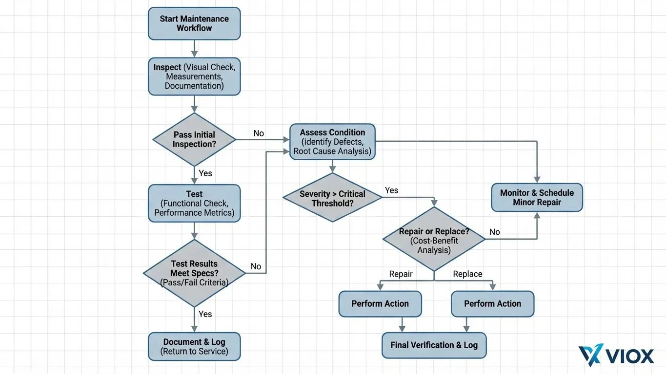 Organigramme de décision de maintenance des contacteurs industriels VIOX montrant les critères d'inspection et de remplacement