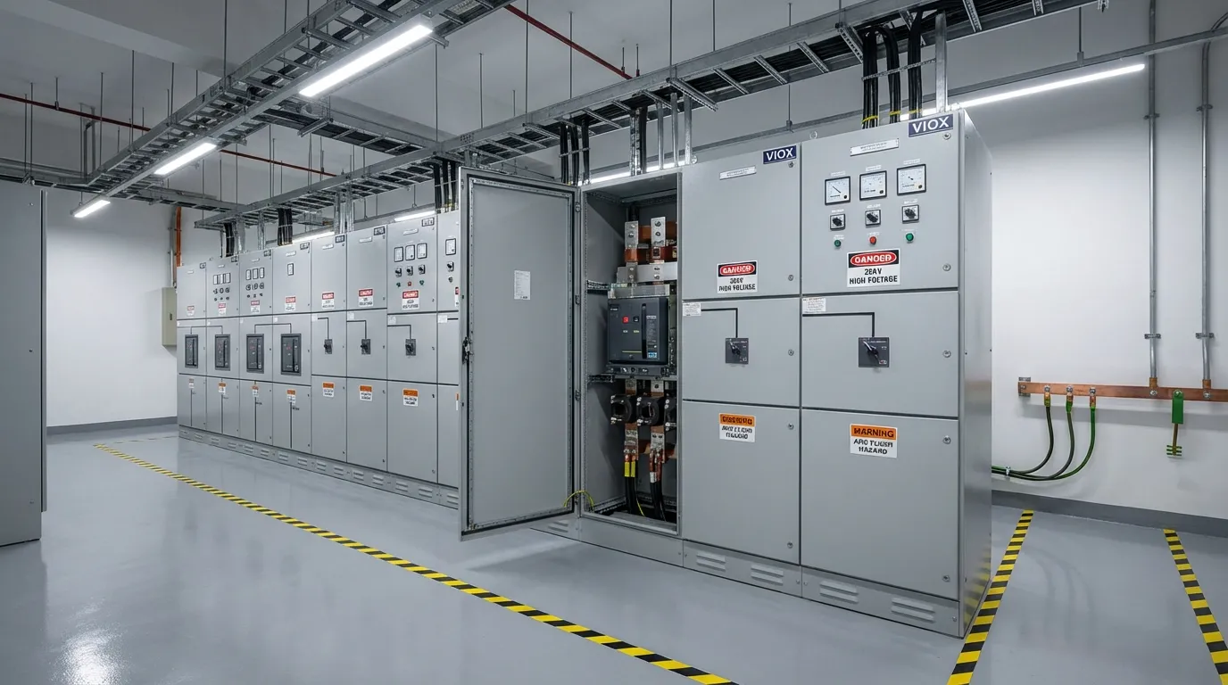 VIOX medium voltage switchgear installation showing professional MV distribution equipment in industrial electrical room