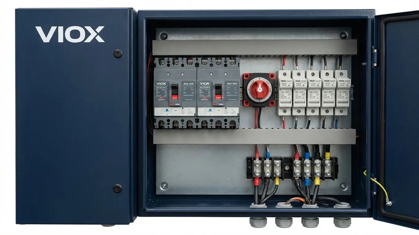 Kotak pengagihan luar grid VIOX yang menampilkan MCCB DC tidak berkutub untuk perlindungan litar bateri dua hala