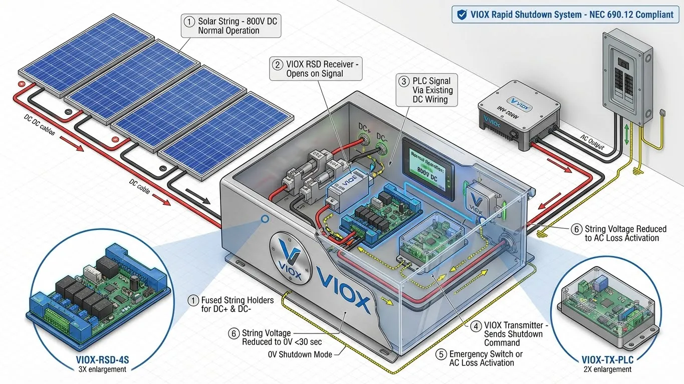 VIOX rapid shutdown system technical diagram na nagpapakita ng module-level compliance