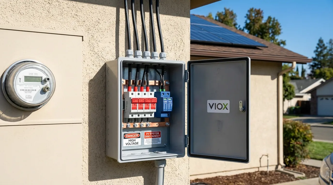 Hộp kết hợp năng lượng mặt trời dân dụng VIOX được lắp đặt trên tường bên ngoài nhà với cửa mở cho thấy cầu chì DC, bảo vệ chống sét lan truyền và thanh cái bằng đồng với các tấm pin mặt trời có thể nhìn thấy trên mái nhà phía trên