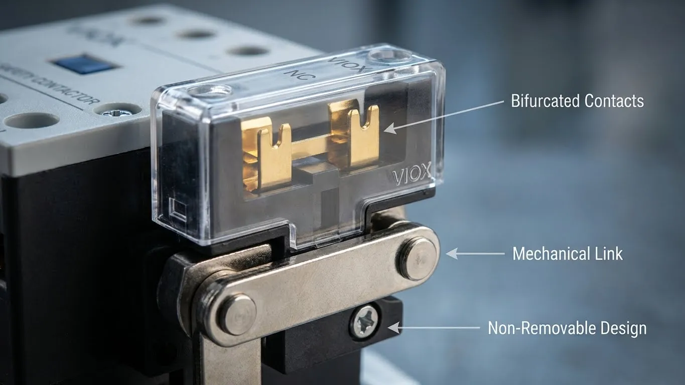 VIOX سیفٹی کانٹیکٹر معاون کانٹیکٹ بلاک جو فورس-گائیڈڈ میکانکی طور پر منسلک کانٹیکٹس اور ٹیمپر پروف ڈیزائن کو دکھا رہا ہے۔