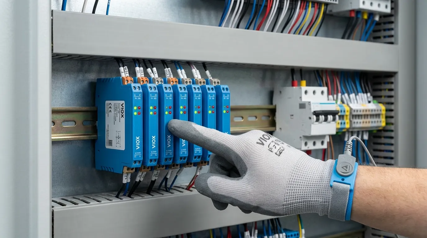 VIOX slim interface relay modules mounted on DIN rail in industrial control panel showing LED indicators and compact spacing
