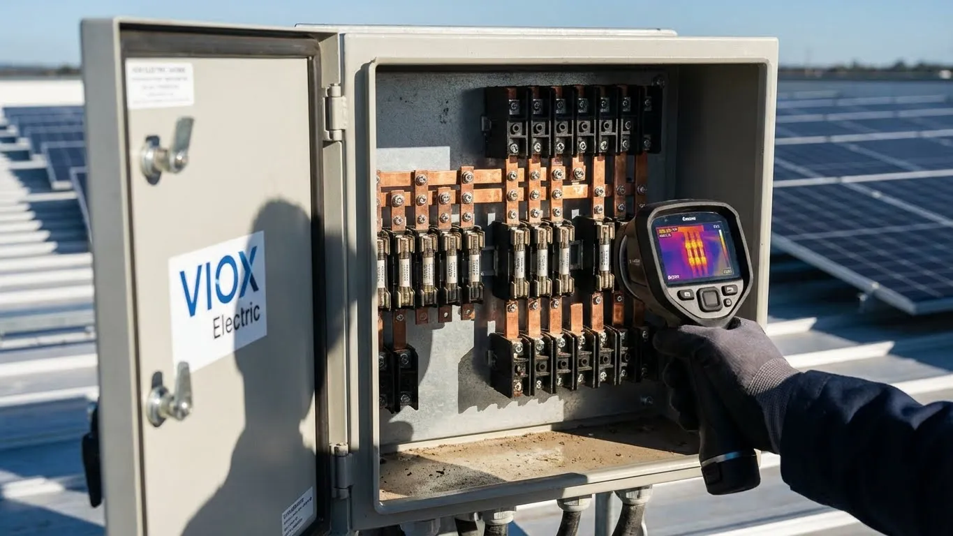 Boîtier de raccordement solaire VIOX ouvert lors d'une inspection thermique montrant les fusibles internes, les barres omnibus et la caméra thermique mesurant les conditions de réduction de puissance en fonction de la température