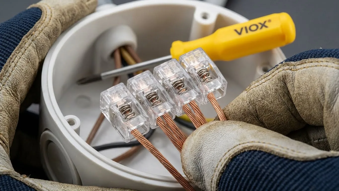 يتم تركيب موصلات طرفية VIOX ذات المشبك الزنبركي في صندوق التوصيل الكهربائي مما يوضح طريقة توصيل الأسلاك الاحترافية