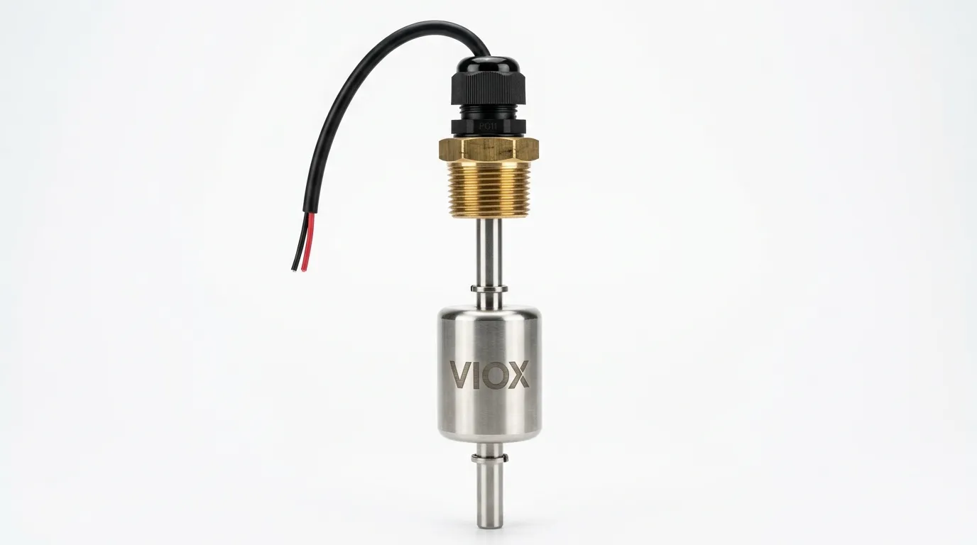 VIOX stainless steel vertical stem-mounted float switch with threaded process connection for industrial liquid level sensing