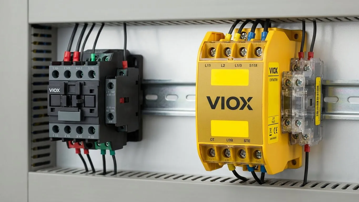 VIOX Standard- und Sicherheitsschütz im Vergleich mit markantem gelben sicherheitsbewerteten Gehäuse