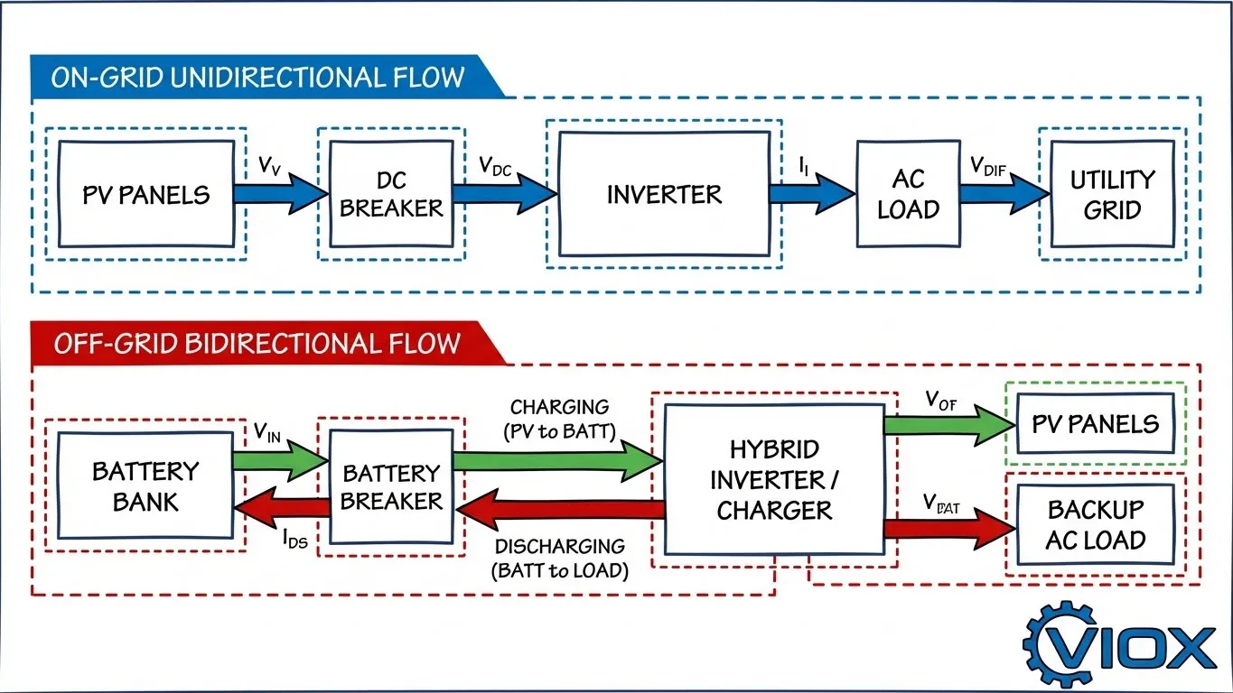 Rajah teknikal VIOX yang membandingkan aliran arus sehala atas grid berbanding aliran arus bateri dua hala luar grid