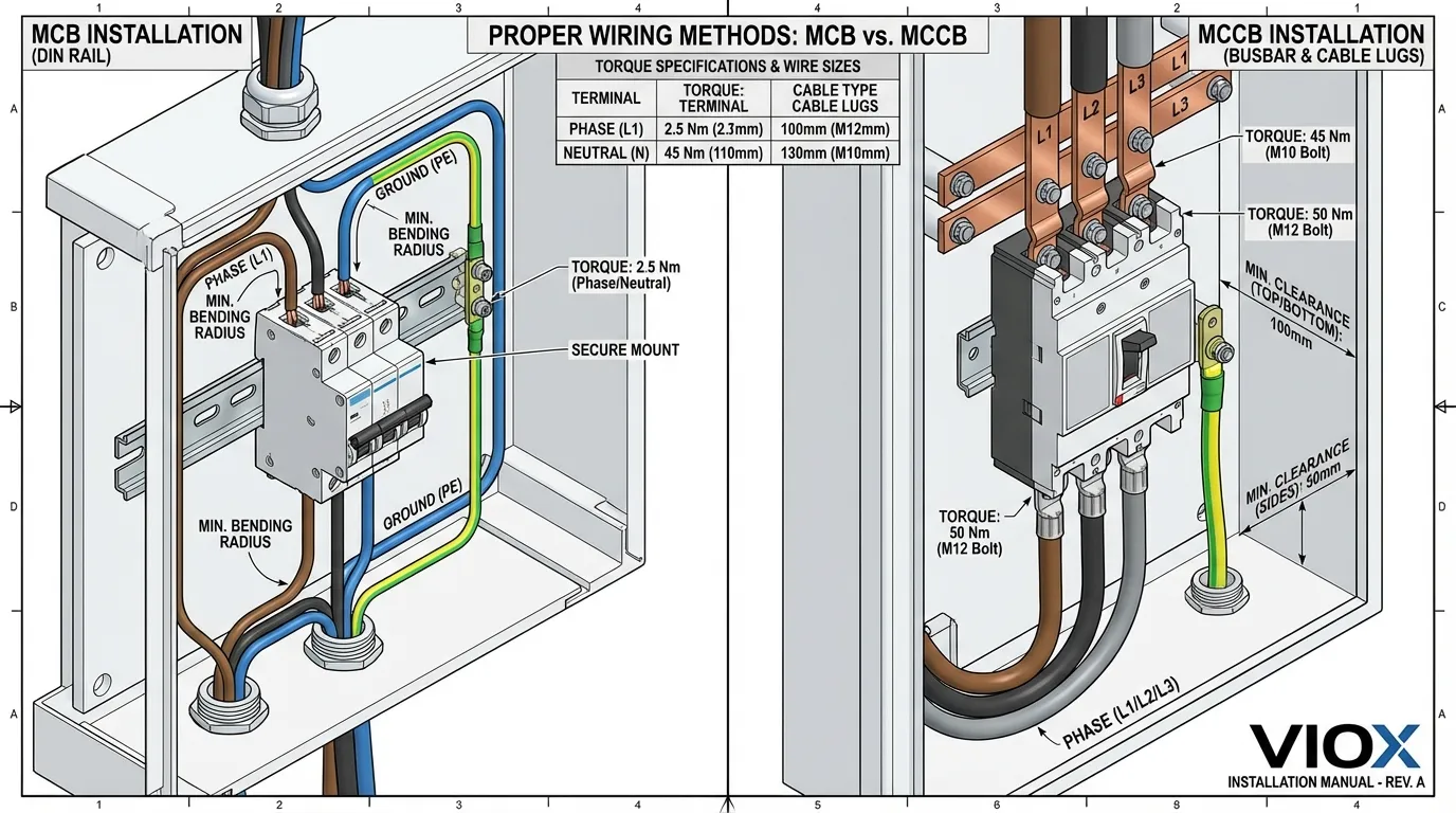 VIOX 기술 설치 다이어그램은 MCB DIN 레일 배선과 MCCB 버스바 연결을 비교하고 토크 사양을 포함합니다.