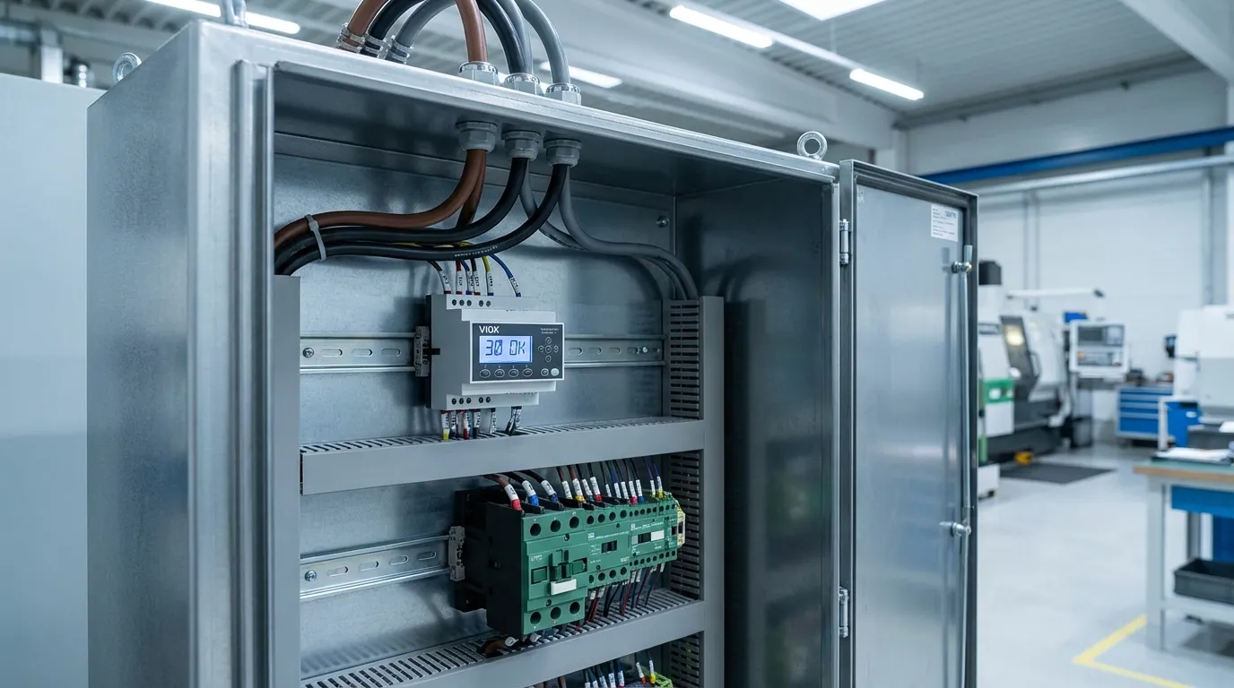 VIOX háromfázisú feszültségfigyelő relé ipari motorvezérlő panelbe szerelve kontaktorral és tápcsatlakozásokkal