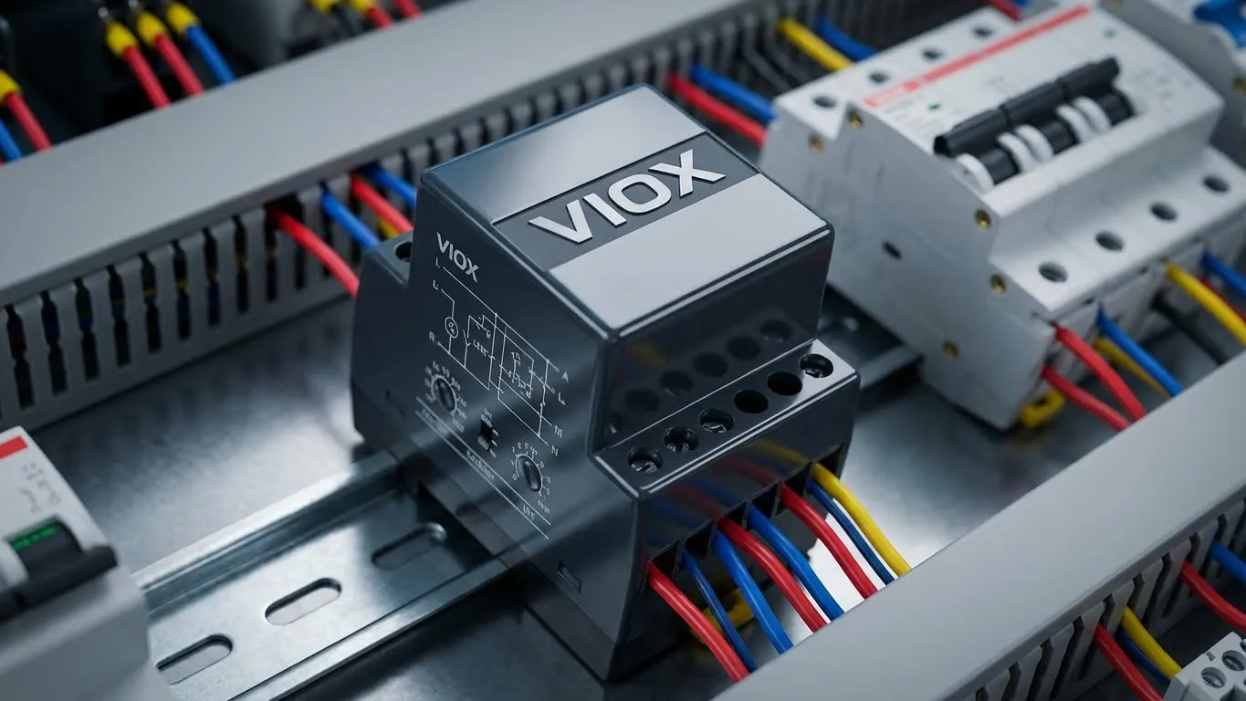 VIOX időzítő relé DIN sínre szerelve ipari vezérlőpanelben AC-15 besorolású érintkezőkkel induktív terhelésekhez