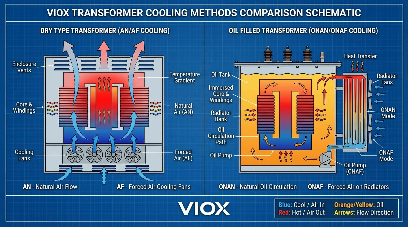 VIOX変圧器の冷却方法の概略図(乾式の空冷と油入変圧器の油循環を比較)
