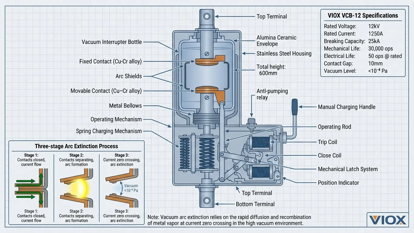 Schéma technique : Illustration détaillée en coupe d'un mécanisme de disjoncteur à vide (VCB). Montrez : bouteille d'interrupteur à vide avec contacts fixes et mobiles, enveloppe en céramique/verre, soufflet métallique, écrans d'arc, matériau de contact (Cu-Cr), mécanisme de charge à ressort, tige de commande et interrupteurs auxiliaires. Étiquetez tous les composants avec des légendes techniques. Incluez un schéma encarté montrant le processus de formation et d'extinction de l'arc dans le vide (trois étapes : séparation des contacts, formation de l'arc, passage à zéro du courant). Utilisez le style de plan bleu d'ingénierie avec la marque VIOX. Ajoutez un tableau de spécifications techniques dans le coin : tension nominale, courant nominal, pouvoir de coupure, durée de vie mécanique. Arrière-plan : motif de grille technique. Dimensions : 2000x1400px pour une utilisation dans la documentation technique.