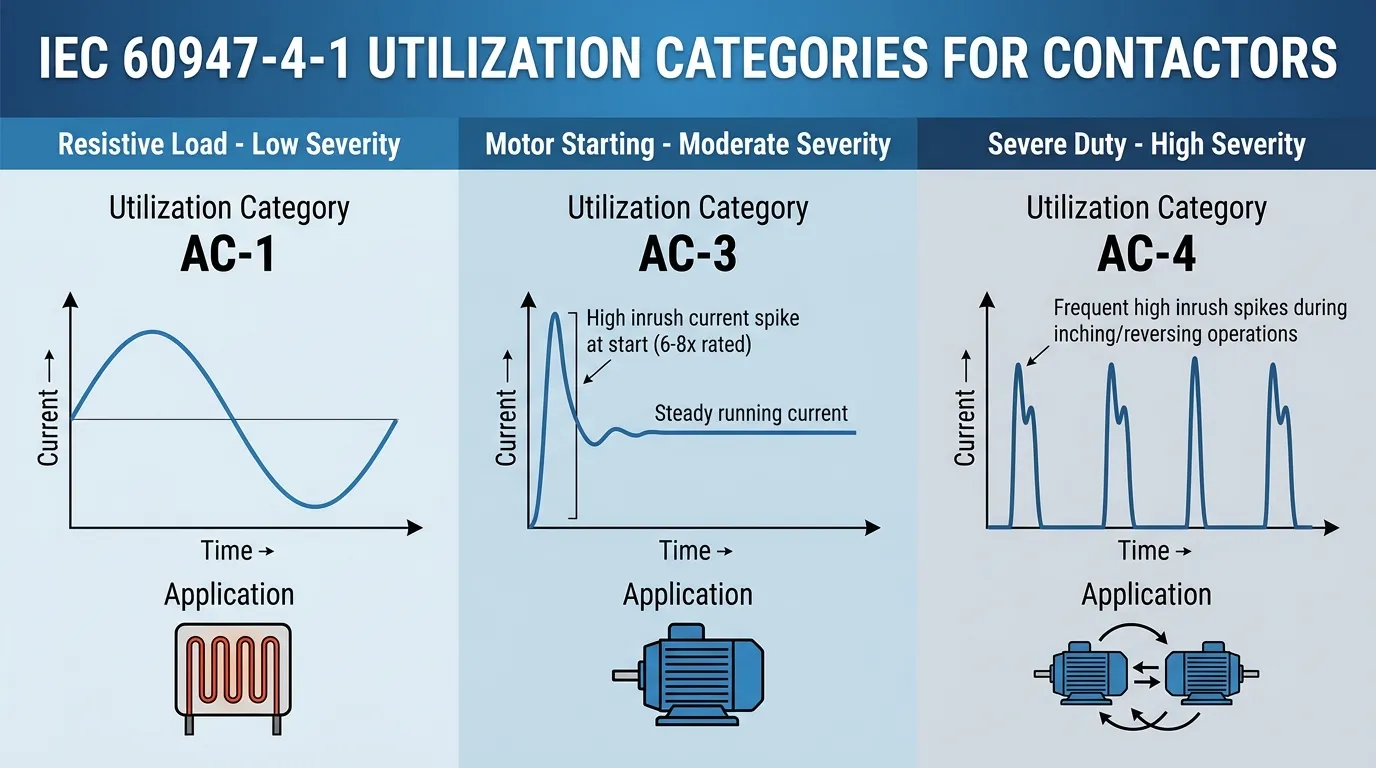 کنٹیکٹر یوٹیلائزیشن کیٹیگریز AC-1، AC-3، اور AC-4 کا بصری موازنہ جو مختلف لوڈ اقسام کے لیے کرنٹ ویوفارمز اور سوئچنگ کی شدت کو دکھا رہا ہے۔