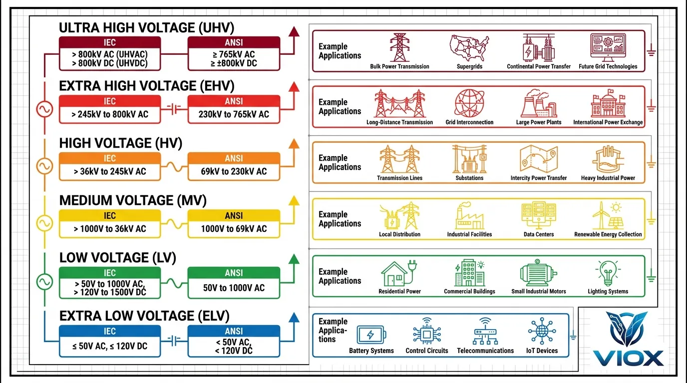 Voltage classification diagram comparing IEC and ANSI standards from extra low to ultra high voltage with VIOX branding