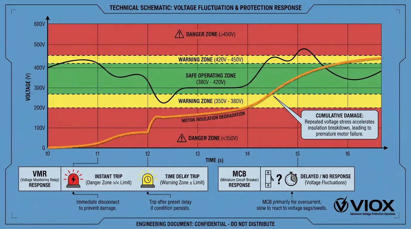 Feszültségfigyelő relé védelmi zónák diagram, amely a biztonságos működési tartományt és a lekapcsolási küszöböket mutatja az MCB válaszidejéhez képest