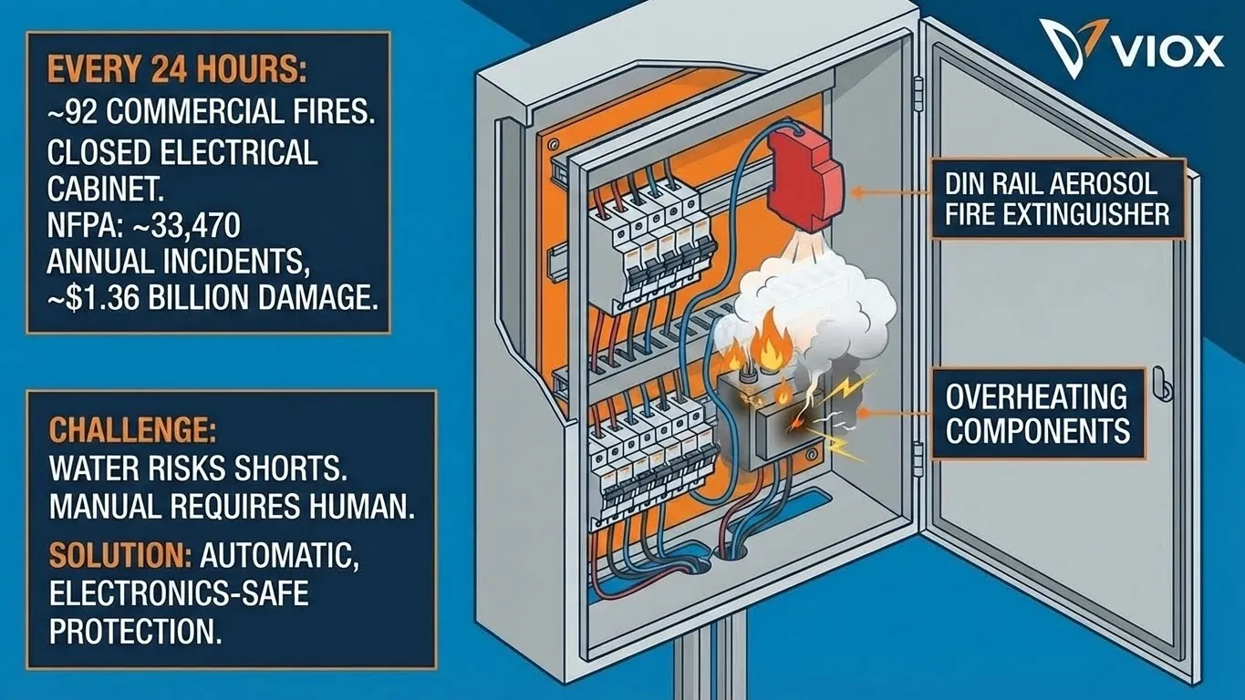 اینفوگرافیک نشاندهنده آمار آتشسوزی کابینت برق، خطرات گرم شدن بیش از حد قطعات و راهکار خاموشکننده خودکار آتش با آئروسل ریلی DIN VIOX