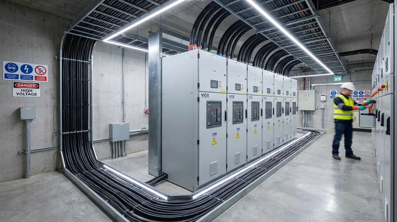 Szerokokątna fotografia przemysłowa instalacji rozłącznika pierścieniowego w nowoczesnej miejskiej podziemnej stacji transformatorowej